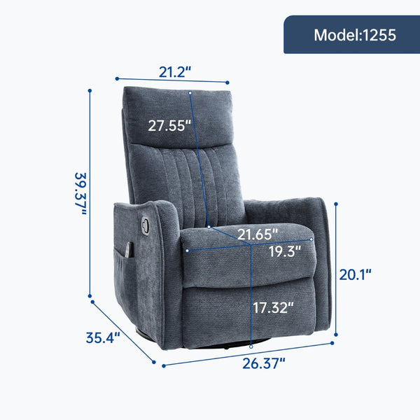 English Elm Blue Fabric Swivel Rocker Recliner with Massage Heat Nodes for Living Room Comfort Blue W1803P321823