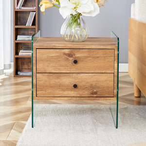 English Elm Double-Drawer Bedside Table. The Board Surface Is Mdf Sticker, and Both Sides Are Transparent Tempered Glass. The Design Is Simple and Elegant, With Excellent Storage Functions.