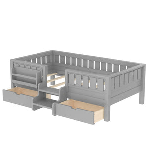 English Elm Twin Kids Storage Bed with Bookshelf Headboard Safety Staircase and Under Drawers Gray W1580P379185
