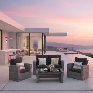 English Elm 4-piece Outdoor Wicker Conversation Set with Tempered Glass Table and Resort Style Black+Brown B082S00058