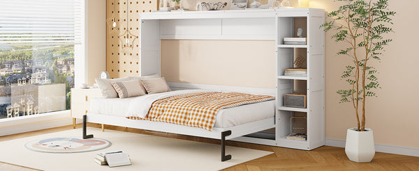 English Elm Full Full Size Murphy Bed with Bookshelf and Fold-Down Work Surface, Space-Saving LVL/MDF Design White GX002220AAK