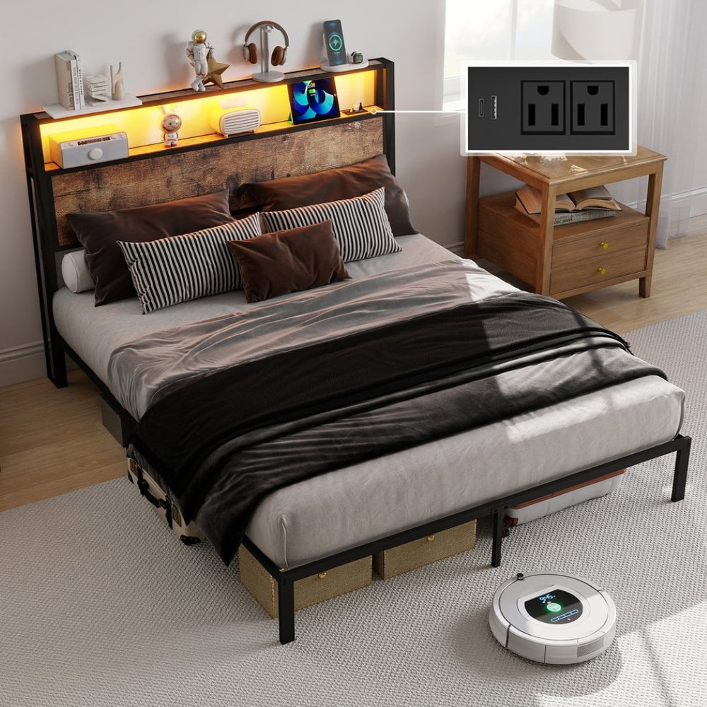 English Elm Queen Metal Platform Bed Rgb Led Headboard Charging Ports Under Storage 800lb Brown T3963P491443