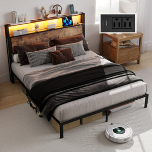 English Elm Queen Metal Platform Bed Rgb Led Headboard Charging Ports Under Storage 800lb Brown T3963P491443