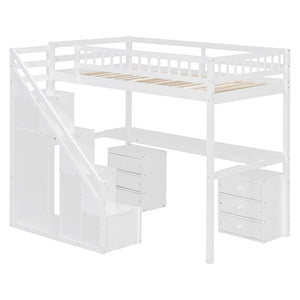English Elm Twin Loft Bed with Staircase Desk Dual Drawers and Led Strip for Kids Rooms LT000257AAK