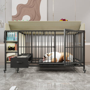English Elm Large Iron Mdf Pet Enclosure with Storage Cabinet Rolling Casters and Steel Feeding Basins W3064P245384
