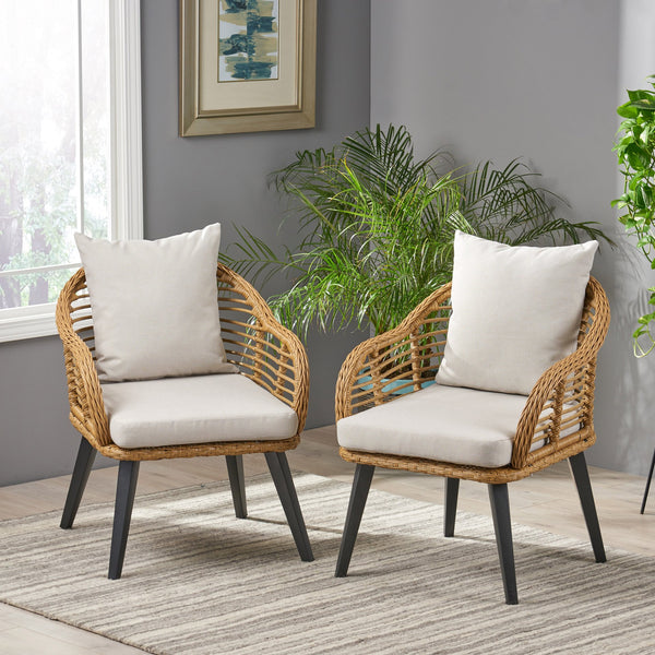 English Elm Christopher Knight Home® - Mcbrayer Wicker Patio Chair Set of 2 with Water-Resistant Cushions, Aluminum Frame, Beige-Brown Comfort 65042.00LBRN