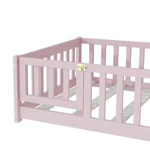 English Elm Twin Solid Rubberwood Floor Bed with Full Perimeter Safety Rails for Toddler Rooms Pink W504P296782