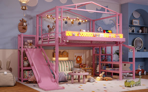 English Elm Twin Metal Loft Bed with Built-in Wardrobe Storage Stairs Led Lights and Usb Ports W5316S00048