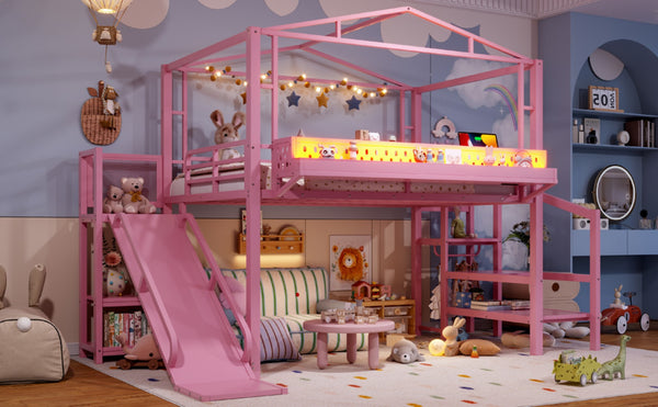 English Elm Twin Metal Loft Bed with Built-in Wardrobe Storage Stairs Led Lights and Usb Ports W5316S00048
