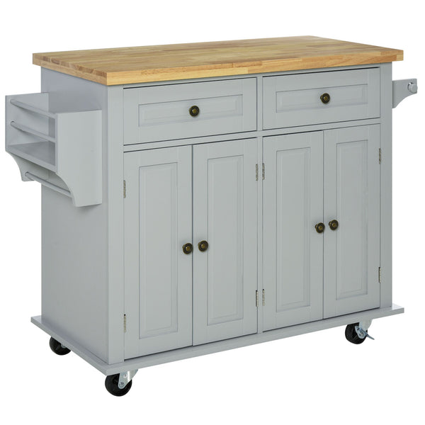 English Elm HOMCOM Mobile Kitchen Island Cart with Rubberwood Butcher Top, Locking Casters, Drawers & Shelves for Organized Prep and Storage Grey W2225P173893