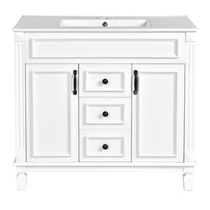 English Elm 36'' Bathroom Vanity with Sink and Mirror Cabinet, Modern MDF & Solid Wood Design, Ceramic Top, Soft-Close Doors White SW000115AAK-1