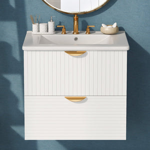 English Elm Modern 24-Inch Wall-Mounted Bathroom Vanity with 2 Drawers, Gold Handles, Space-Saving Luxury White WF324047AAK