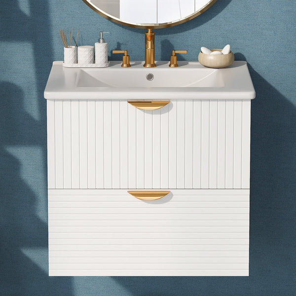 English Elm Modern 24-Inch Wall-Mounted Bathroom Vanity with 2 Drawers, Gold Handles, Space-Saving Luxury White WF324047AAK