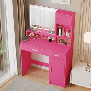 English Elm Vanity LED Mirror Dressing Table with Touch Controls, Large Drawer & Smart Storage for Bedroom Rose Pink W2386P288814