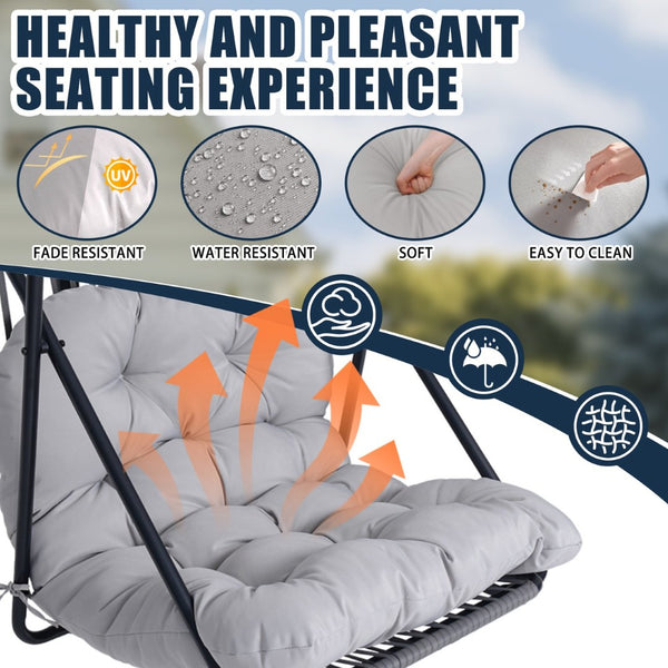 English Elm Hanging Egg Chair with Freestanding Steel Stand Rattan Cocoon Seat for Patio Balcony Black+Gery T5880P494885