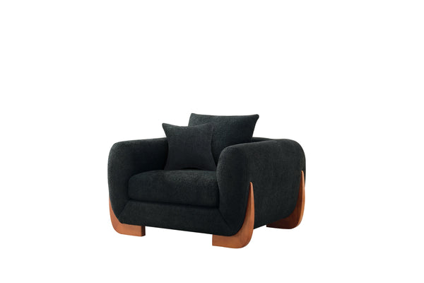 English Elm Upholstery Sherpa Tweed Armchair with Oak Legs for Living Room - Deep 27.5" Lounge Seat, Removable Cushion Black W2817P331377