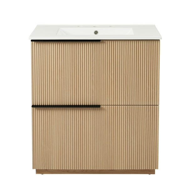 English Elm Christopher Knight Home® - 30" Bathroom Vanity With Ceramic Sink, Soft-Close Drawers & Fluted Natural Finish For Elegant Style N817P295760N