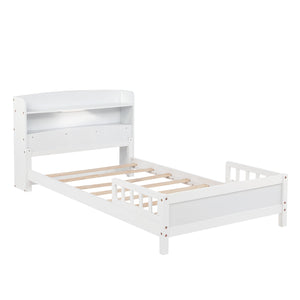 English Elm Twin Pine Wood Bed with Bookcase Headboard LED Motion Sensor Light Guardrails Ample Storage Space White W504P277596