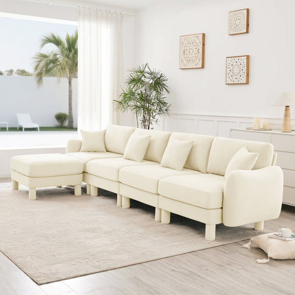 English Elm Boucle Fabric Convertible L-Shape Sectional Sofa - Stylish 4-Seater With Removable Ottoman & Chic Arms W3041S00280