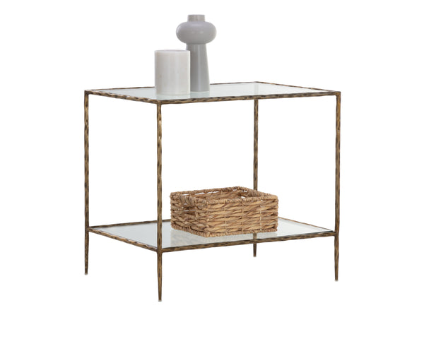 Sunpan Emine Nightstand - Hand-Hammered Metal Craftsmanship with Antique Brass & Tempered Glass Elegance