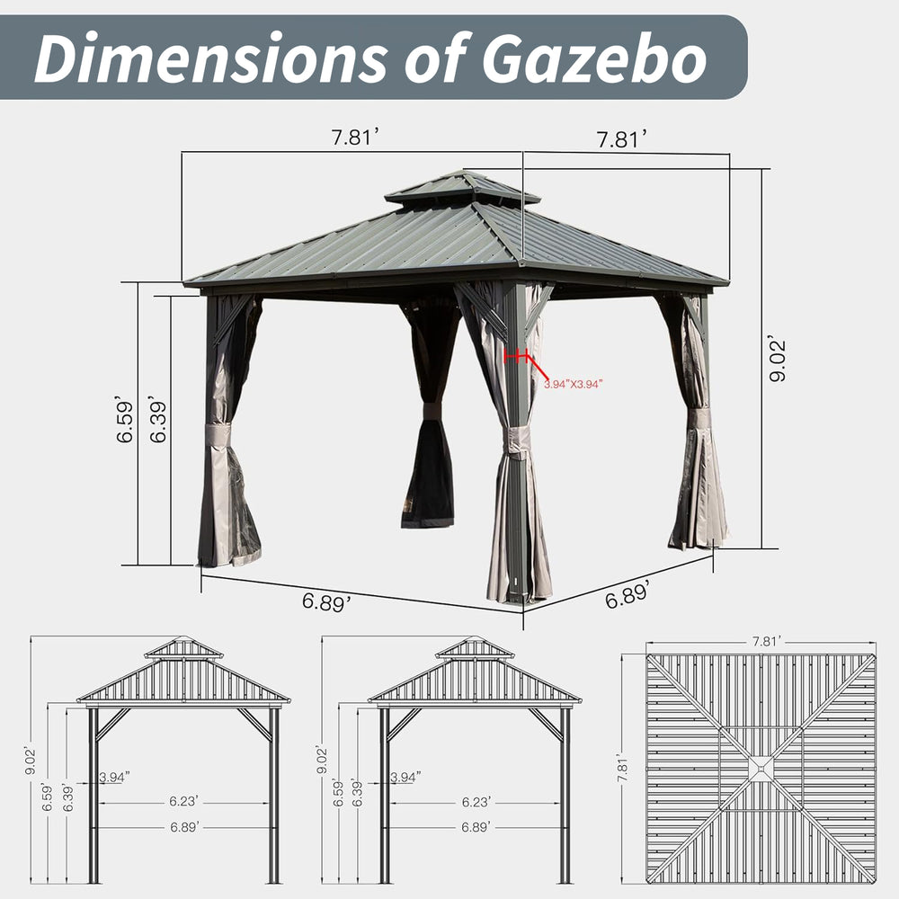 English Elm 8' Hardtop Gazebo Pavilion with Double Ventilated Roof, Aluminum Frame, Curtains & Mosquito Netting Gray W1859S00111