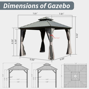 English Elm 8' Hardtop Gazebo Pavilion with Double Ventilated Roof, Aluminum Frame, Curtains & Mosquito Netting Gray W1859S00111
