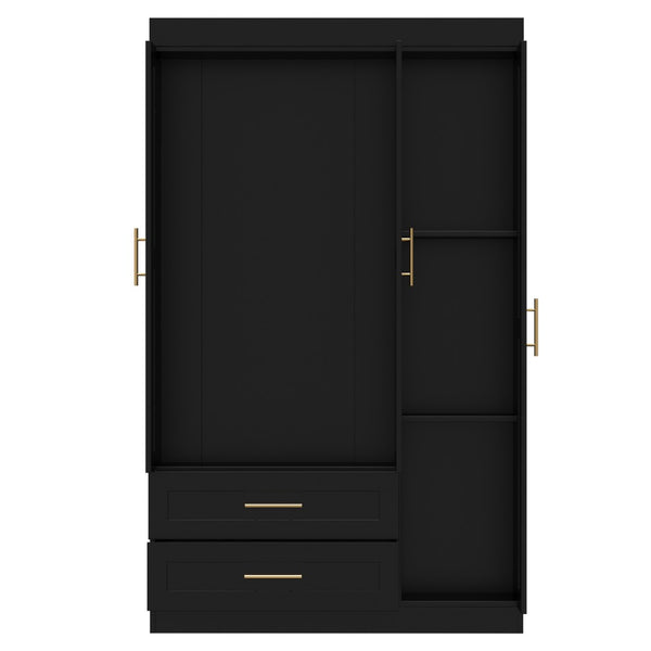English Elm Shaker Three Door Wardrobe Armoire with Hanging Rod and Shelves for Bedroom Black T3210S00006