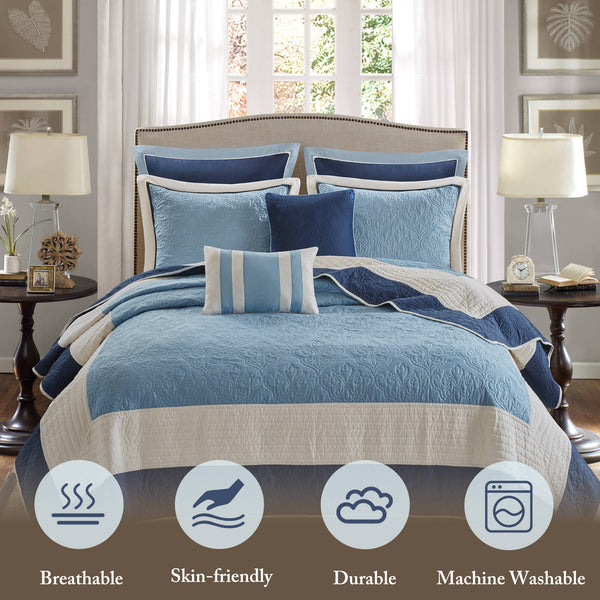 English Elm 7-Piece Full/Queen Quilt Set Navy with Euro Shams & Decorative Pillows, Brushed Microfiber Comfort Multicolor 15.35 L x 17.72 W x 9.45 H B035P408224