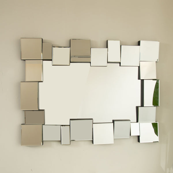 English Elm 30'' Reage Mirror - Geometric Square-Spliced PU Art Mirror Silver, Modern Wall Decor for Home Spaces W2615P346493