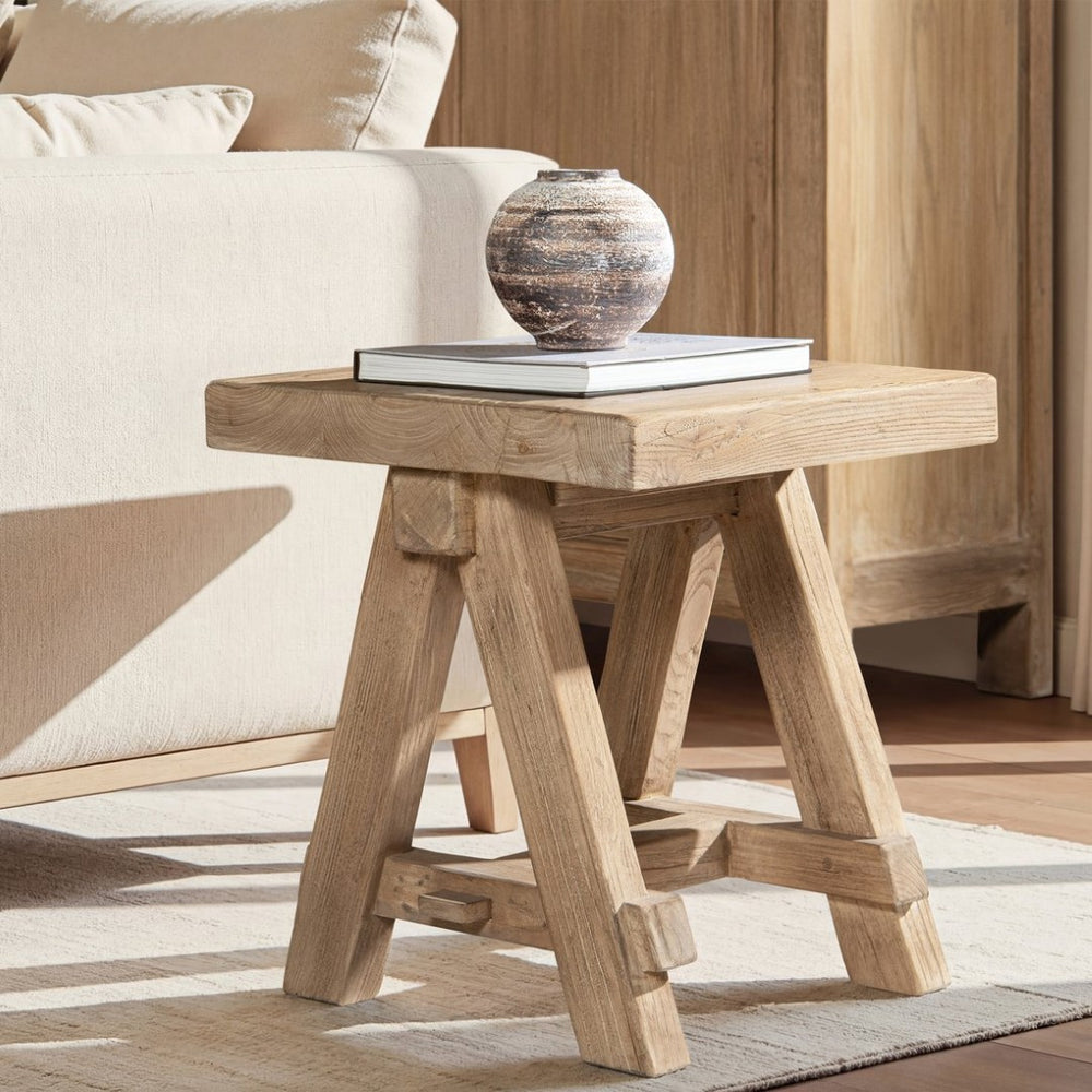English Elm Hawthorne Reclaimed Elm Square Side Table with Trestle Base for Modern Rustic Interiors Natural B2719P474459