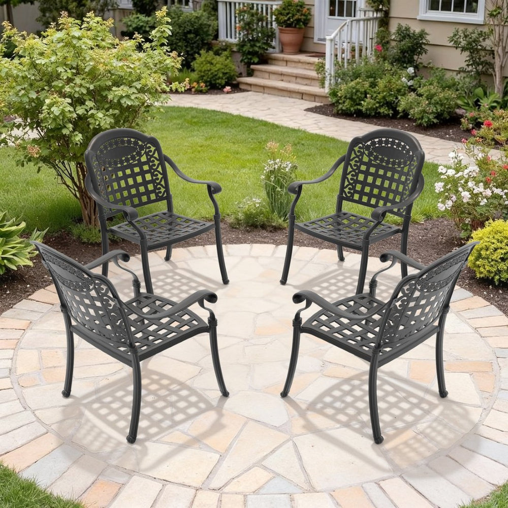 English Elm Cast Aluminum Outdoor Dining Chairs Set of 4 with Carved Relief Frame and Weather Cushions W1710S00510