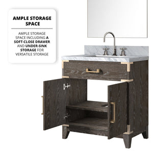 English Elm Brown Oak Single Sink Vanity Set With Carrara Marble Top, Chrome Faucet & 28" Mirror For Elegance B2731S02002