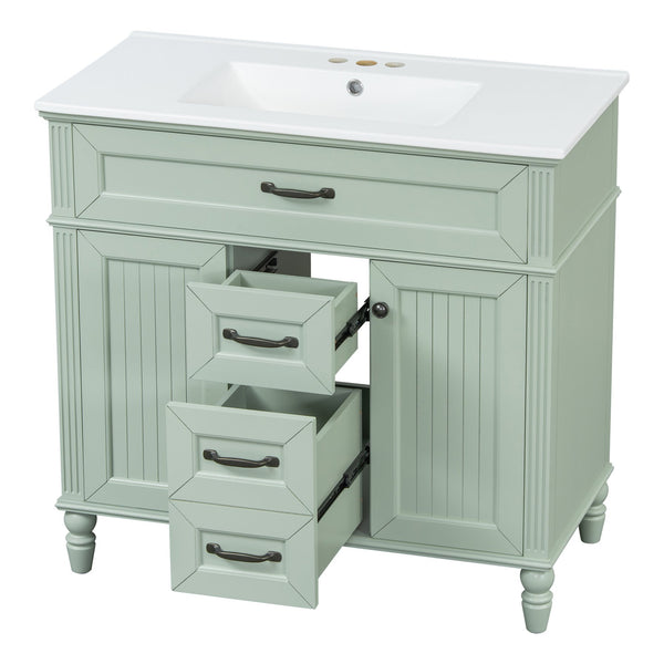 English Elm 36 Inch Bathroom Vanity with Ceramic Sink, Durable MDF & Solid Wood Frame, Soft-Close Doors, Luxe Handles, Ample Organized Storage, Modern Freestanding Design Green N725P314034F