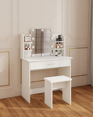 English Elm One drawer dresser table Ancient White Vanity with Stool, Adjustable Mirror, Compact Elegant Makeup Station W2139P306364