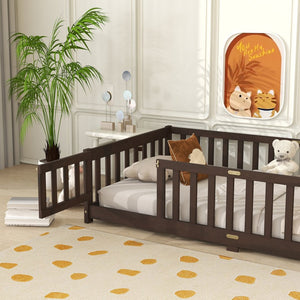 English Elm Twin Low Profile Rubberwood Floor Bed with Full Safety Fence for Toddler Rooms Espresso W504P429279