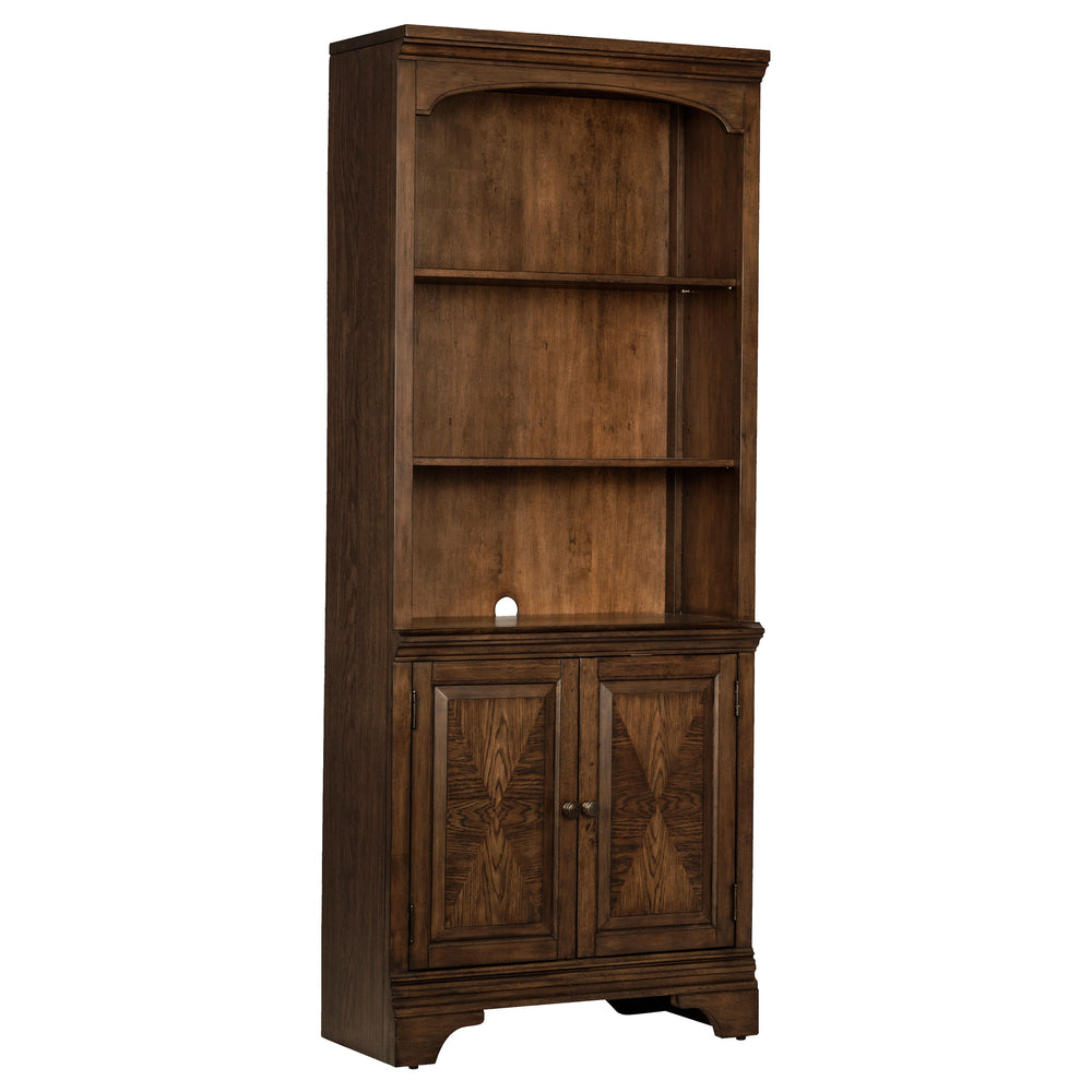 English Elm Stigham Burnished Oak Bookcase with 5-Tier Shelves, 3 Adjustable, 2-Door Cabinet & Wire Management B062P357844