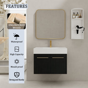 English Elm 30 Inch Wall-Mounted Vanity Set With Thick Resin Sink & 3-Tier Storage Rack For Stylish Bathrooms W999S00367