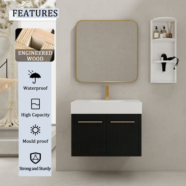 English Elm 30 Inch Wall-Mounted Vanity Set With Thick Resin Sink & 3-Tier Storage Rack For Stylish Bathrooms W999S00367