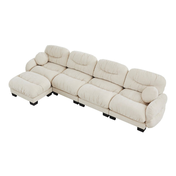English Elm Pleated Chenille Sectional Sofa with Ottoman Ergonomic Foam Curved Armrests Living Room Beige W5656S00044