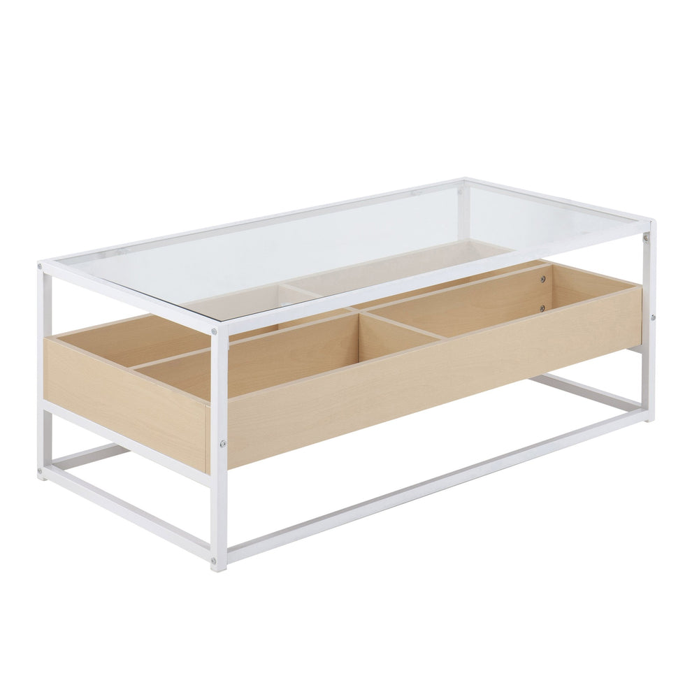 English Elm Display Modern Coffee Table With Tempered Glass Top, White Metal Frame & Natural Wood Storage Compartment B202P223306