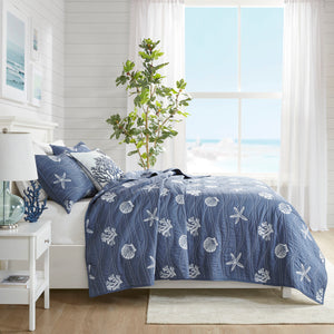 English Elm 4 Piece Cotton Reversible Embroidered Quilt Set with Coastal Starfish & Shell Motifs, OEKO-TEX Certified Quality Navy 20.87 L x 16.93 W x 5.71 H B03595792