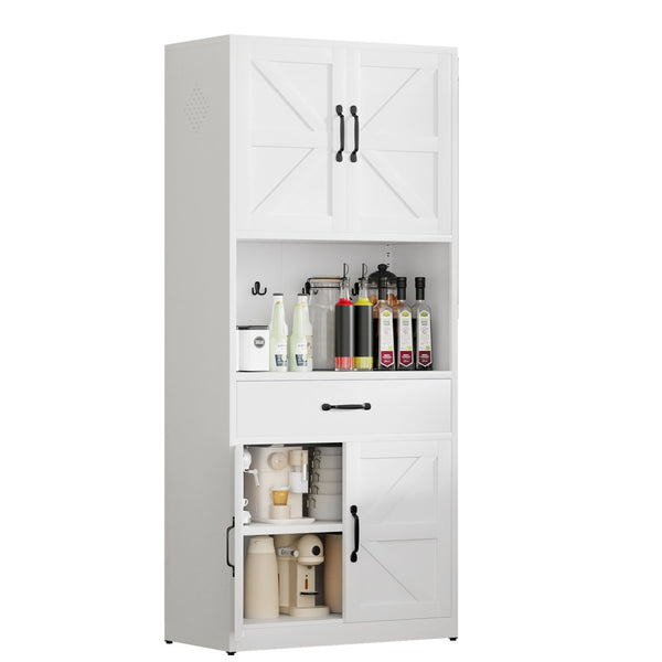 English Elm 71 Inch Steel Kitchen Pantry Cabinet with Adjustable Shelves Drawer and Hooks Modern White T2398P413028