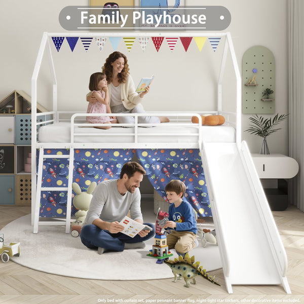 English Elm Jack Metal Junior Twin Loft Bed With Slide, Curtain Set, Pennant Banner & Star Stickers - White/Blue B083P354664