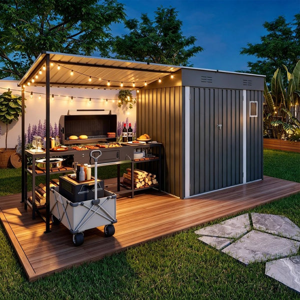 English Elm 12x4ft Steel Lean to Shed with Open Pergola Combo Backyard Storage and Shaded Patio W3213S00011