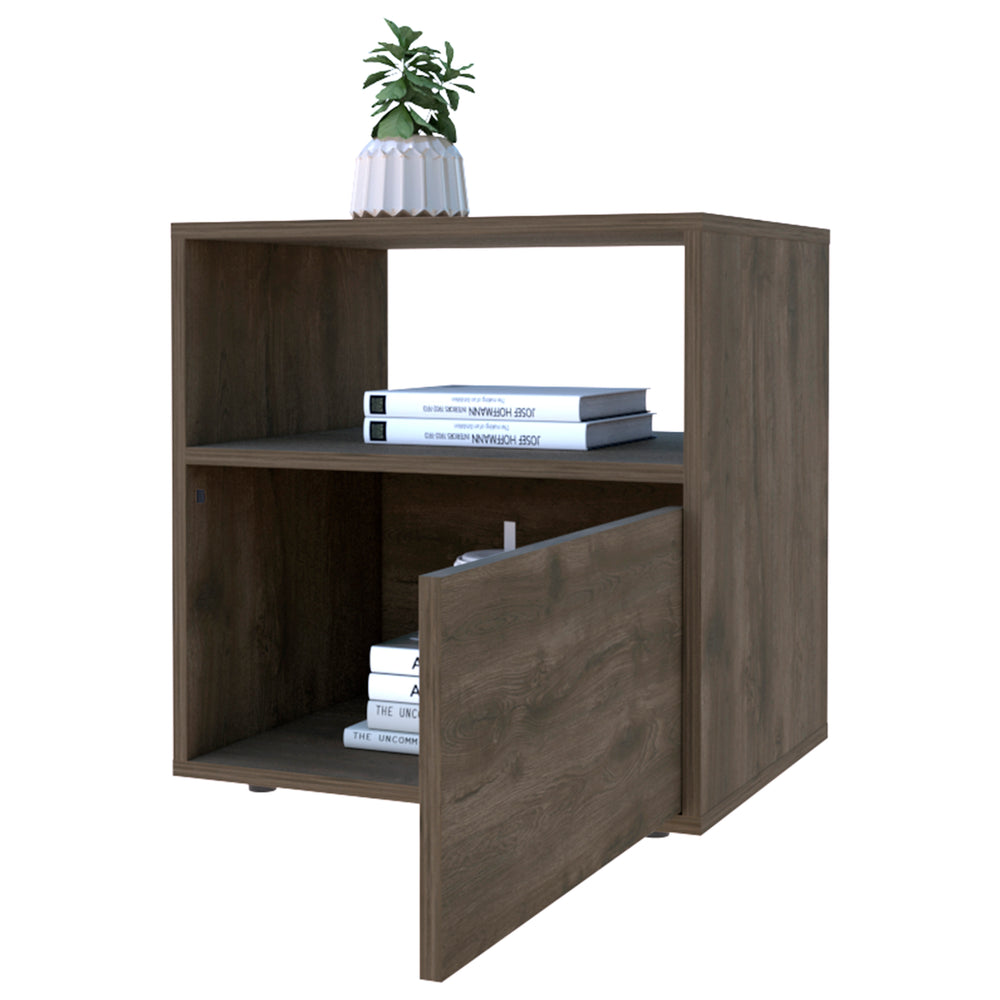 English Elm Nightstand With Open Shelf & Cabinet - Modern Dark Brown Storage Solution For Small Spaces B097132936