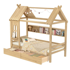English Elm Twin House Platform Bed with Drawers & Shelves, Solid Wood Playhouse Frame for Kids, Cozy Design Natural W1580S00266