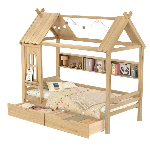 English Elm Twin House Platform Bed with Drawers & Shelves, Solid Wood Playhouse Frame for Kids, Cozy Design Natural W1580S00266
