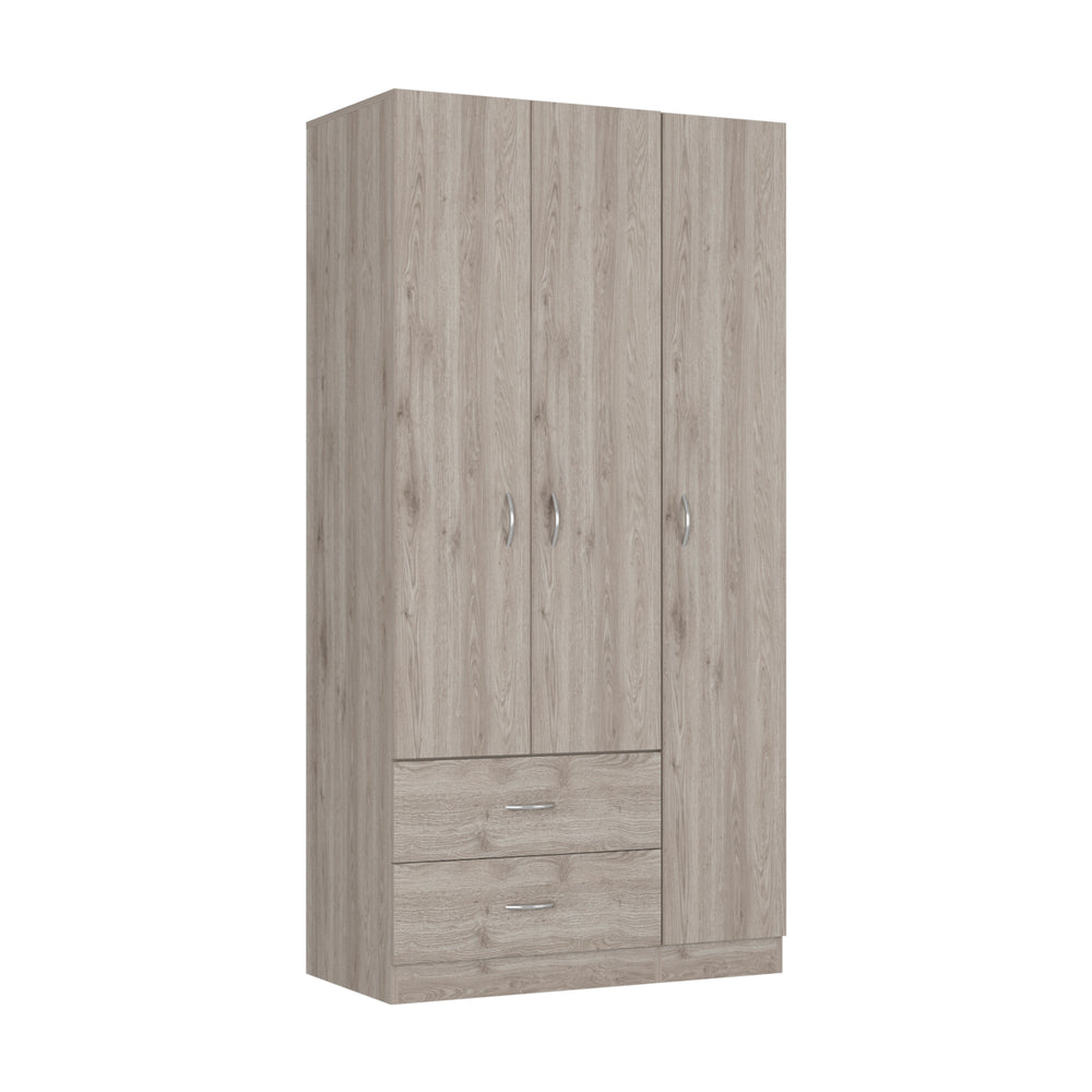 English Elm Austral 3 Door Armoire with Two Drawers, Five Shelves and Hanging Rod — Smokey Oak Finish for Organized Rooms and Bedrooms Light Gray 39 L x 22 W x 3 H B200S00362