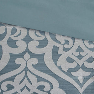 English Elm 8 Piece Jacquard Comforter Set - Luxurious Aqua/Silver Cal King Ensemble For Year-Round Elegance B035128884