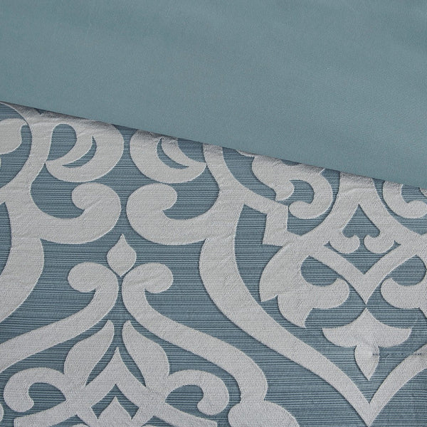 English Elm 8 Piece Jacquard Comforter Set - Luxurious Aqua/Silver Cal King Ensemble For Year-Round Elegance B035128884